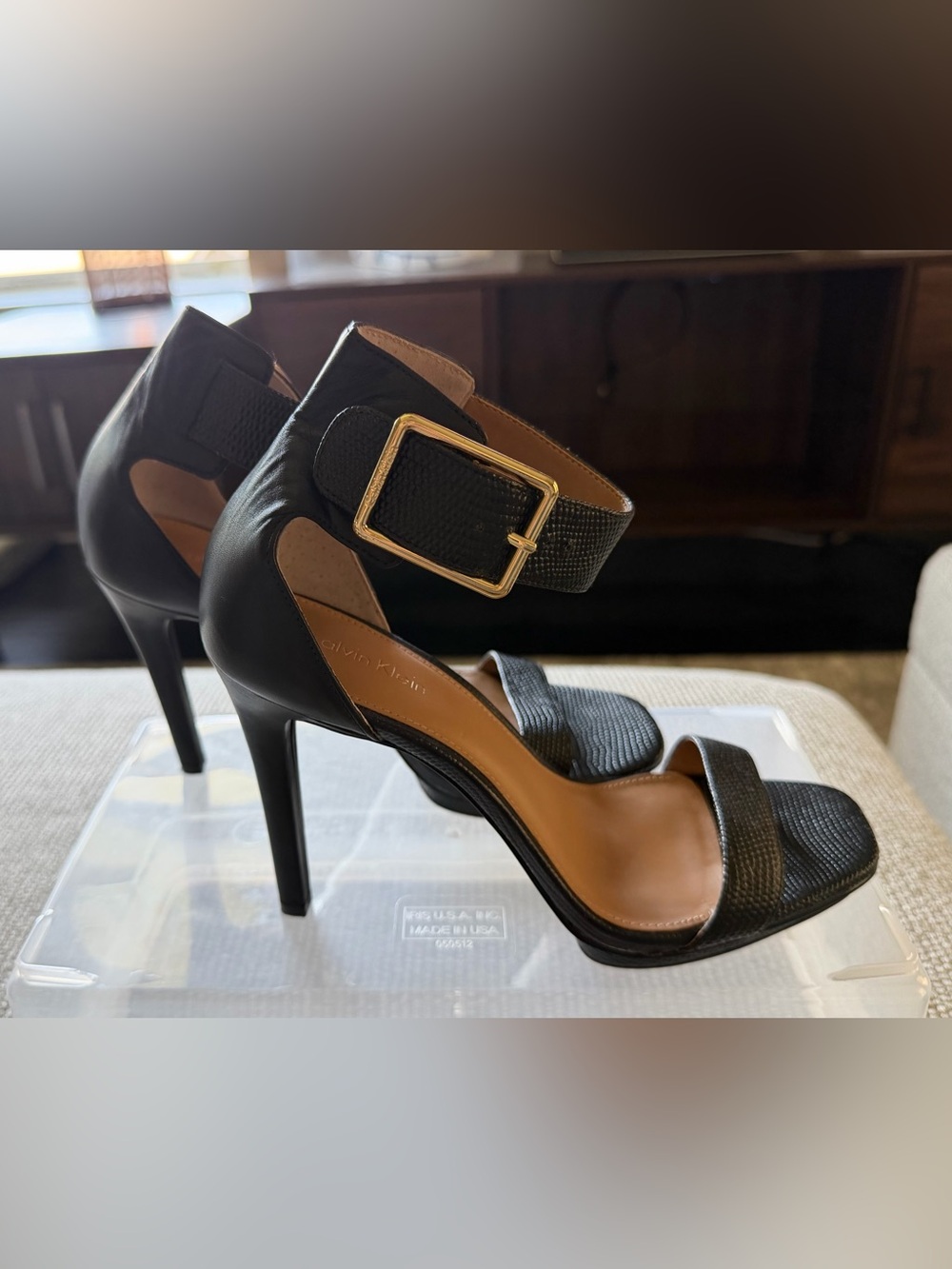 CALVIN KLEIN Black Ankle‑Strap High Heel Sandals with Gold Buckle